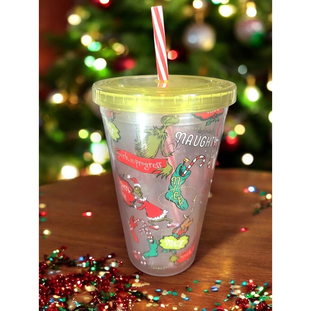 Dr. Seuss The Grinch Plastic 16 oz. Tumbler w/ Candy Cane Straw "Naughty or Nice